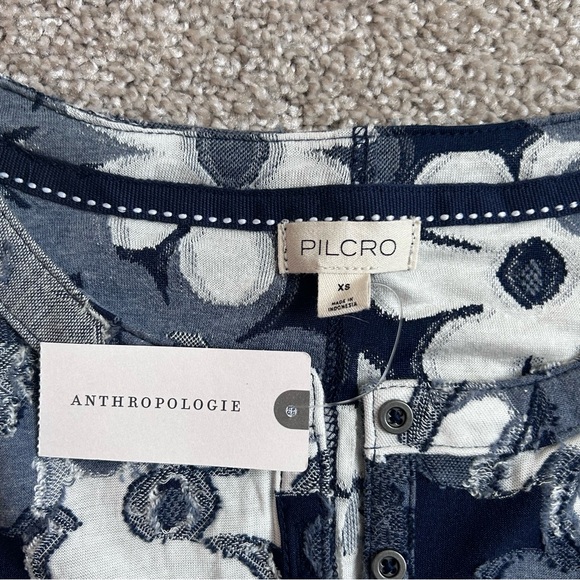 Anthropologie Pilcro XS Blue Floral Henley Shirt Textured Short Sleeve NWT - Picture 6 of 8